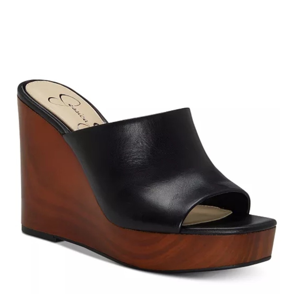 Jessica Simpson Black Leather Open-Toe Wedge Sandals with Wood-Effect Platform